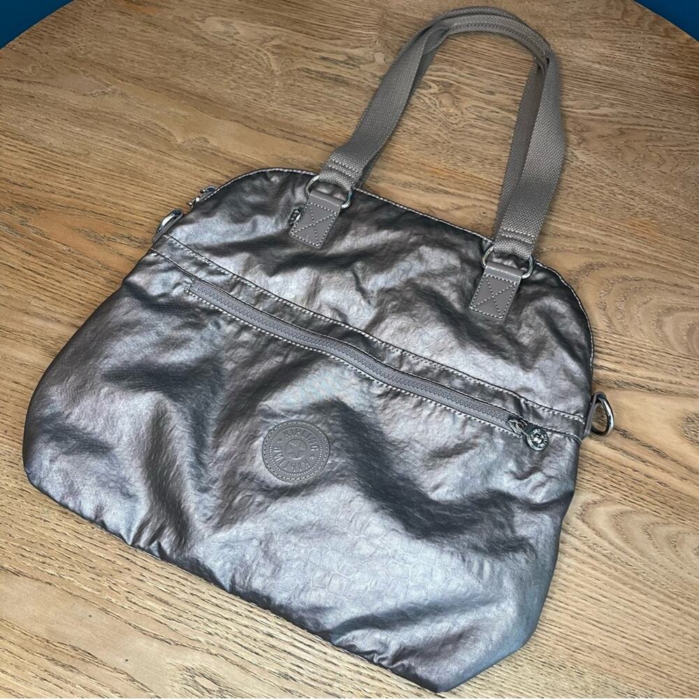 Kipling Doris Croc Embossed Handbag Purse Tote Metallic Silver Gray